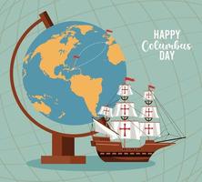 bonne fête de columbus day avec voilier et carte du monde vecteur