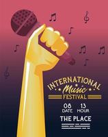 affiche du festival de musique international avec main et microphone vecteur