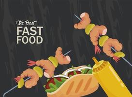 Brochettes de crevettes et burrito à la moutarde délicieux fast food vecteur