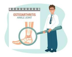 rhumatoïde arthrite. arthrose de le Humain la cheville articulation. Masculin médecin avec une grossissant verre. médical infographie bannière, affiche, vecteur