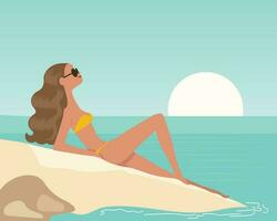 voir Scape, une Jeune femme sur le plage. Voyage illustration, vecteur