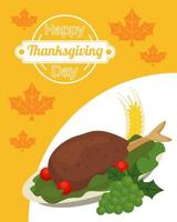 affiche de bonne fête de Thanksgiving avec de la nourriture de dinde et des raisins vecteur