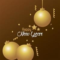 carte de bonne année avec des boules dorées et des confettis vecteur