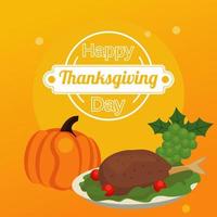 affiche de bonne fête de Thanksgiving avec de la nourriture de dinde et du pompage et des raisins vecteur
