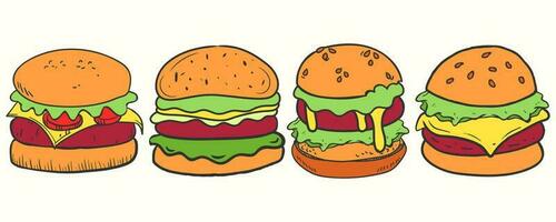 mignonne dessiné à la main Burger icône illustration ensemble dans dessin animé style vecteur