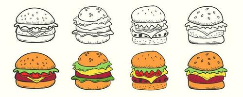 main tiré dessin animé stylé des hamburgers vecteur illustration ensemble