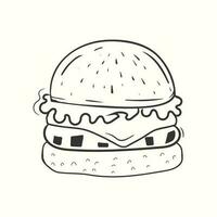 Burger avec salade fromage et rencontré dans dessiné à la main style vecteur