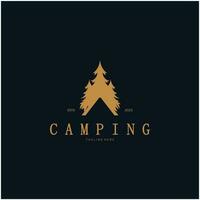 ancien et rétro tente logo, camping. avec tente, arbre et feu signe. aventuriers, éclaireurs, grimpeurs, camping équipement centre vecteur