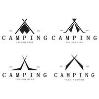 ancien et rétro tente logo, camping. avec tente, arbre et feu signe. aventuriers, éclaireurs, grimpeurs, camping équipement centre vecteur