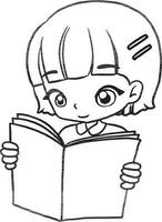 écolière en train de lire une livre dessin animé griffonnage kawaii anime coloration page mignonne illustration dessin personnage chibi manga bande dessinée vecteur
