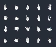 Lot de vingt mains gestes symboles humains sur fond noir vecteur