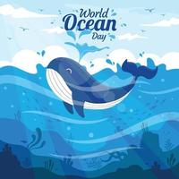 journée mondiale de l'océan de dessin animé plat baleine vecteur