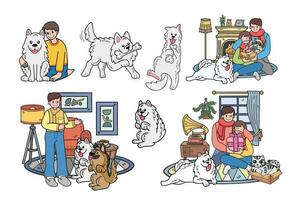 main tiré samoyède chien et famille collection dans plat style illustration pour affaires des idées vecteur