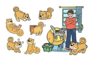 main tiré shiba inu chien et famille collection dans plat style illustration pour affaires des idées vecteur