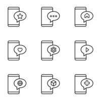 vecteur contour panneaux et symboles tiré dans plat style avec noir mince doubler. modifiable coups. ligne Icônes de étoile, des points, loger, cœur, roue dentée dans discours bulle par téléphone intelligent