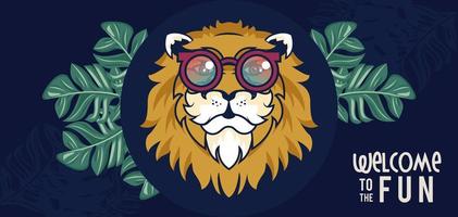 bienvenue à l'amusement avec le lion à l'aide de lunettes vecteur