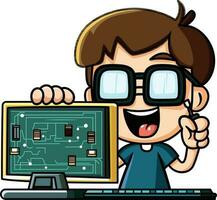ordinateur geek dessin animé vecteur illustration, content ordinateur ingénieur ou Matériel technicien assemblage ou fixation une ordinateur avec une Tournevis vecteur image, coloré et noir et blanc