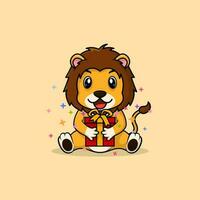 vecteur mignonne bébé Lion dessin animé content en portant cadeau plat icône illustration.