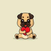 vecteur mignonne bébé carlin chien dessin animé en portant l'amour icône plat illustration.