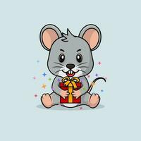 vecteur mignonne bébé Souris dessin animé content en portant cadeau plat icône illustration.