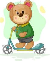 de bonne humeur ours sur une scooter vecteur illustration de une ours dans un pantalon et une chemise, plein de joie et mouvement