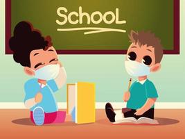 retour à l & # 39; école de fille et garçon enfant avec des masques médicaux et des cahiers vector design