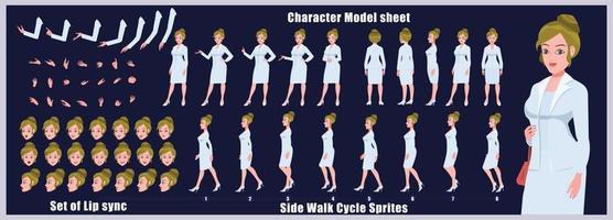 business girl character design model sheet girl character design recto verso vue arrière et explicatif animation pose jeu de caractères avec lip sync séquence d'animation de toutes les séquences d'animation de cycle de marche recto et verso vecteur