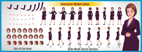 business girl character design model sheet girl character design recto verso vue arrière et explicatif animation pose jeu de caractères avec lip sync séquence d'animation de toutes les séquences d'animation de cycle de marche recto et verso vecteur