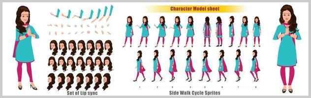 indian girl character design model sheet girl character design avant face arrière vue et explicateur animation pose jeu de caractères avec lip sync séquence d'animation de toutes les séquences d'animation de cycle de marche avant arrière et latéral vecteur