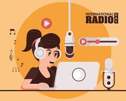 affiche de la journée internationale de la radio avec une animatrice vecteur