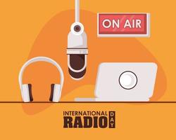 affiche de la journée internationale de la radio avec ordinateur portable vecteur