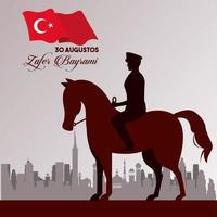 Zafer bayrami avec soldat à cheval et drapeau sur la ville vecteur