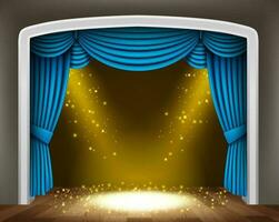 bleu rideau de classique théâtre avec or projecteurs et des étincelles, vecteur illustration