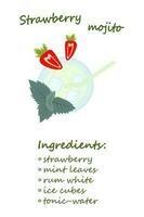 fraise Mojito cocktail recette avec caractères et ingrédients. vecteur conception de carte menu. eps
