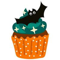 vecteur dessin animé petit gâteau avec bleu crème et une chauve souris dans le étoiles. mignonne Halloween des pâtisseries. marrant l'automne dessin animé dessert pour Halloween. dessin pour cartes postales, fête invitations