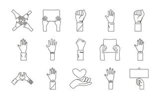 paquet de quinze mains protester ensemble icônes vecteur