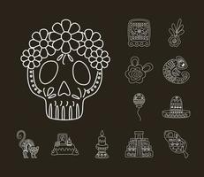 crâne mexicain avec des icônes de style de ligne définie vecteur