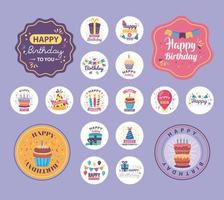 lot de badges joyeux anniversaire avec une jolie décoration vecteur