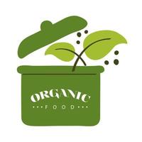 Étiquette d'aliments biologiques avec pot et feuilles sur fond blanc vecteur