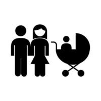 couple de parents de famille avec bébé dans l'icône de style de silhouette de chiffres de panier vecteur