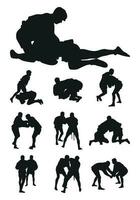 ensemble de réalisme silhouettes de sambo les athlètes dans sambo lutte, combat sambo, duel, lutte, jiu jitsu. martial art, esprit sportif vecteur