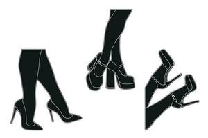 ligne art silhouette contour de femelle jambes dans une pose. des chaussures talons aiguilles, haute talons. marche, debout, en cours d'exécution, sauter, Danse vecteur