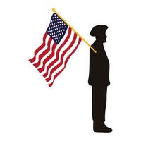 silhouette d'officier militaire avec agitant le drapeau des États-Unis vecteur