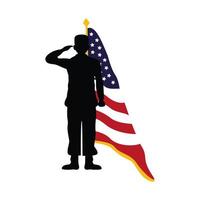 officier, silhouette militaire, à, usa, drapeau, dans, poteau vecteur