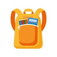 sac d & # 39; école avec icône de style plat de couleurs calculatrice et crayons vecteur