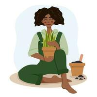 mignonne fille jardinier est assis sur le sol avec une mis en pot plante dans une plat style. jardinage. passe-temps. jardinage outils. vecteur illustration