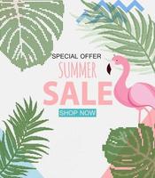 abstrait de vente d'été tropical avec flamant rose et feuilles vecteur