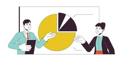 exécutif réunion présentation plat ligne concept vecteur place illustration. porte-parole avec collaborateur 2d dessin animé contour personnages sur blanc pour la toile ui conception. modifiable isolé coloré héros image