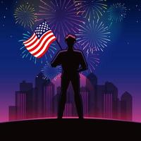 homme, silhouette, tenue, drapeau usa, à, feux d'artifice, nuit vecteur