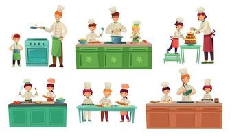 cuisiniers enfants. des gamins cuisson ou cuisine nourriture, chef les enfants Des classes et cuisinier avec enfant vecteur illustration ensemble